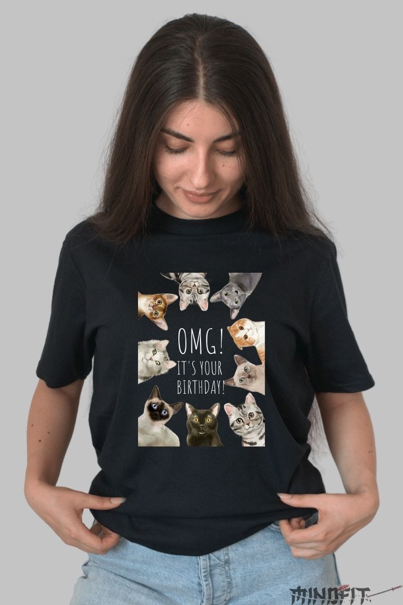 Tricou Dama cu Pisica "OMG! It's Your Birthday" dama negru fata