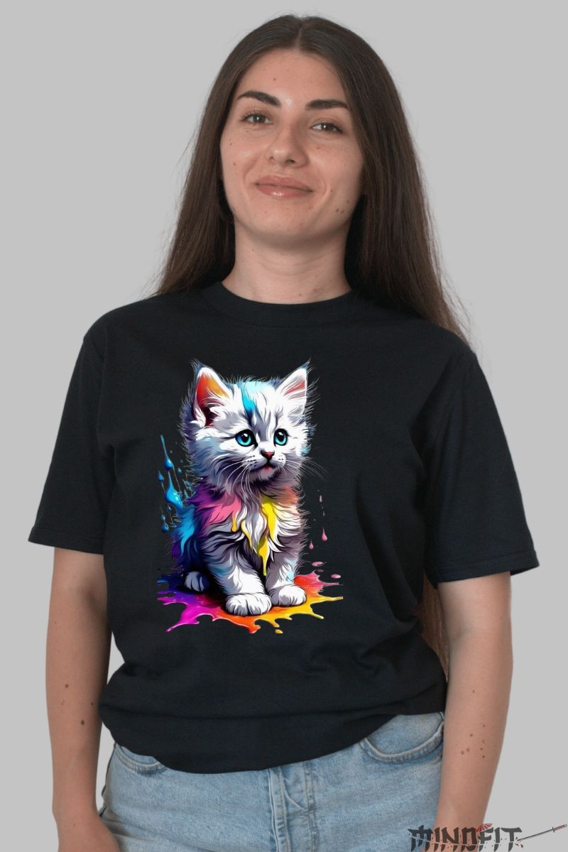 Tricou Dama cu Pisica Pui Alb dama negru fata