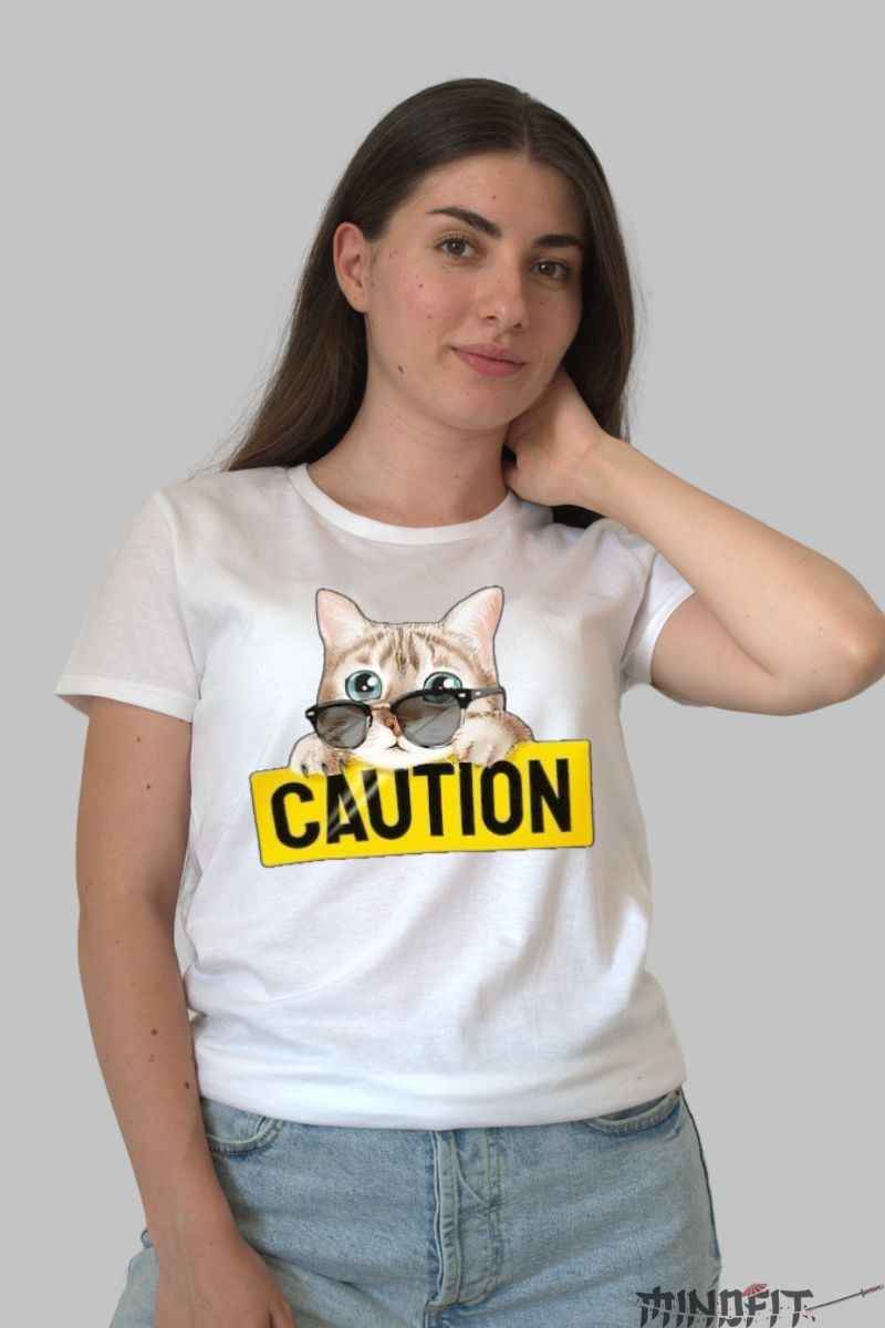 Tricou Dama cu Pisici "Caution" dama alb fata