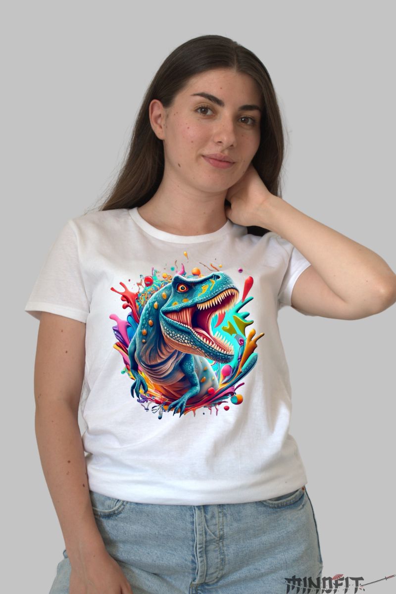 Tricou Dinozaur Viu Colorat dama alb fata