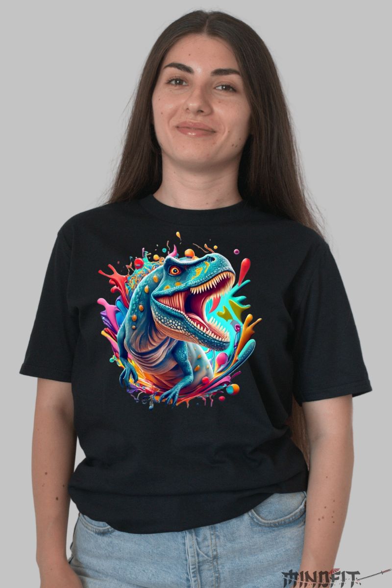 Tricou Dinozaur Viu Colorat dama negru fata