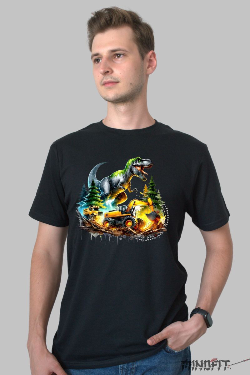 Tricou Dinozaur si Peisaj Montan barbat negru fata