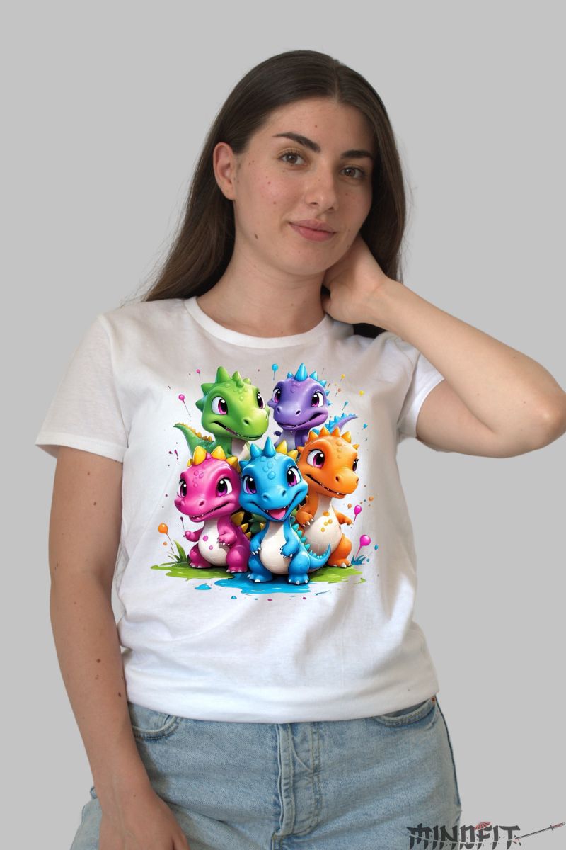 Tricou Dinozauri Multicolori dama alb fata