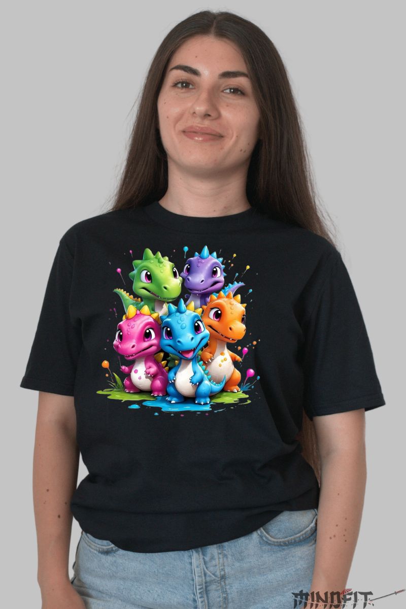Tricou Dinozauri Multicolori dama negru fata