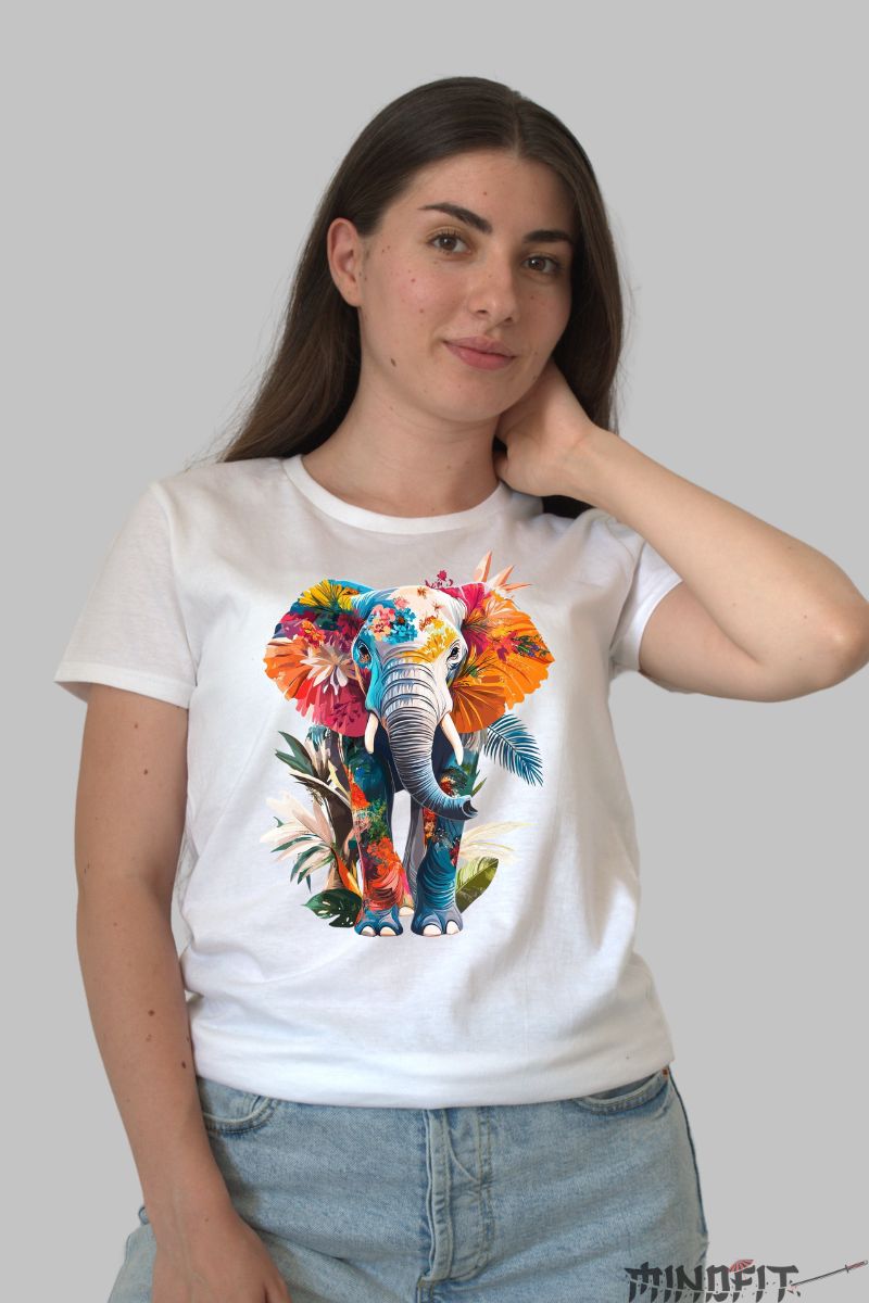 Tricou Elefant Multicolor dama alb fata