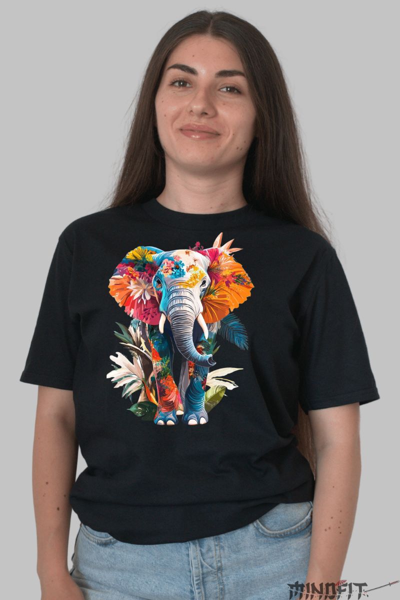 Tricou Elefant Multicolor dama negru fata