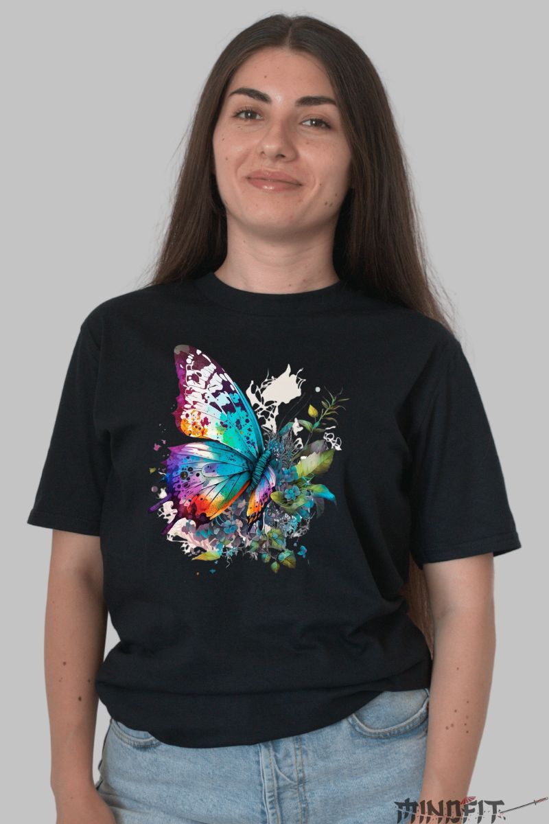 Tricou Fluture Multicolor dama negru fata