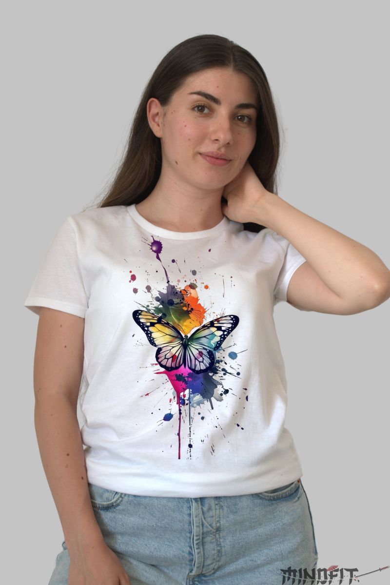 Tricou Fluture si Pete de Culoare dama alb fata