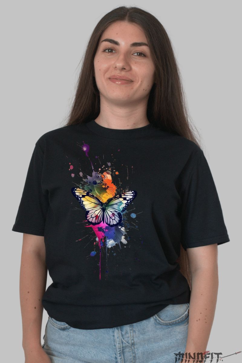 Tricou Fluture si Pete de Culoare dama negru fata