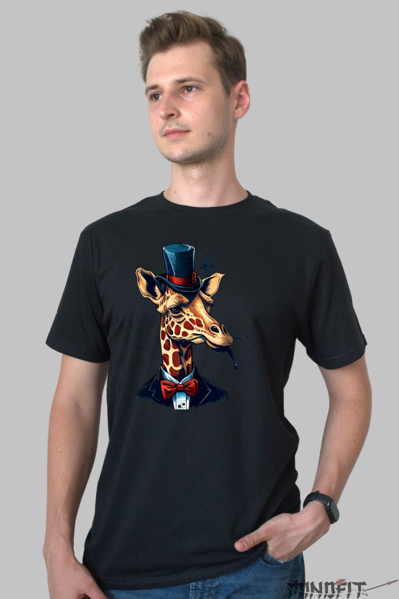 Tricou Girafa Eleganta barbat negru fata