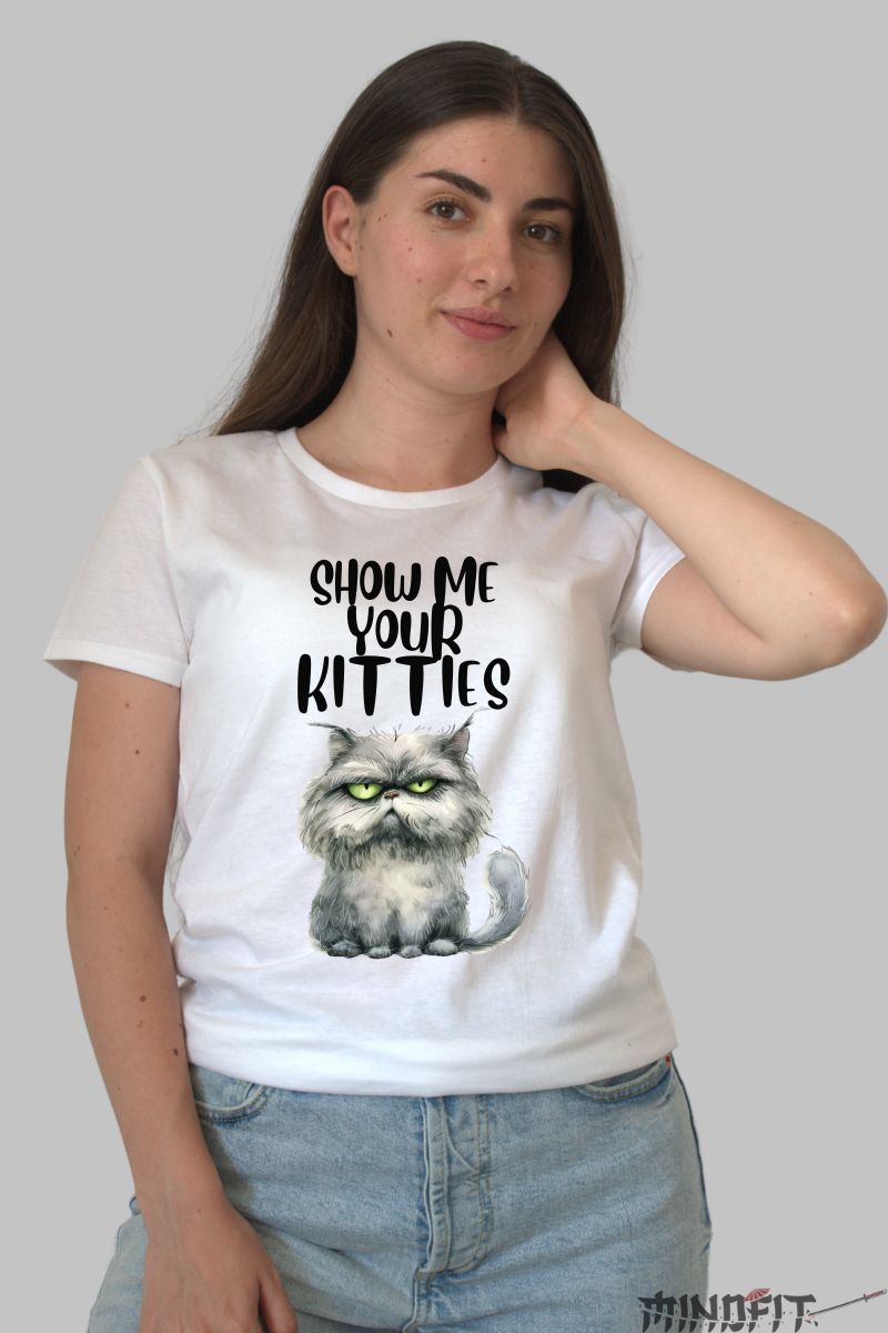 Tricou Grumpy Cat "Show Me Your Kitties" dama alb fata