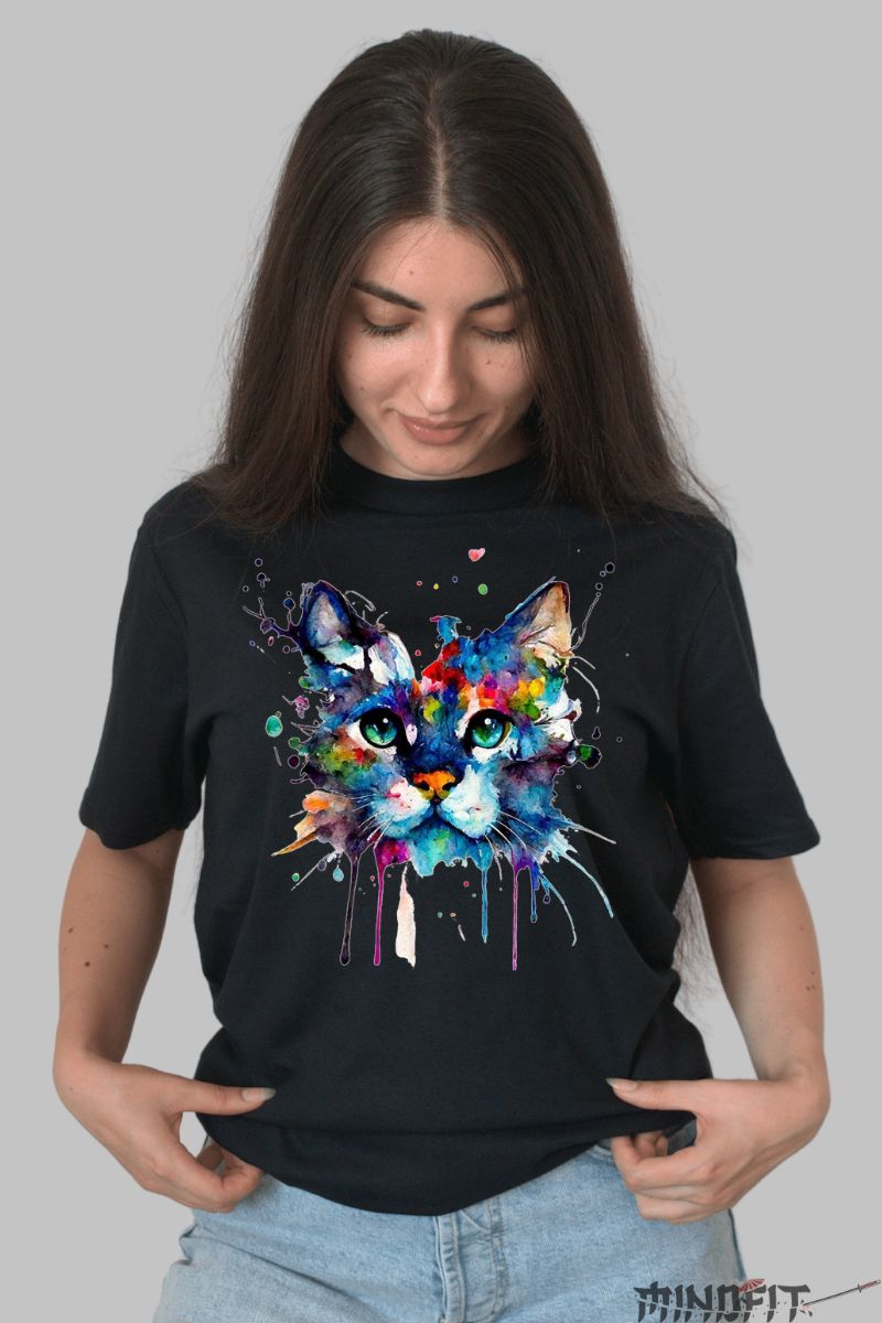 Tricou Imprimeu Pisica Abstracta dama negru fata