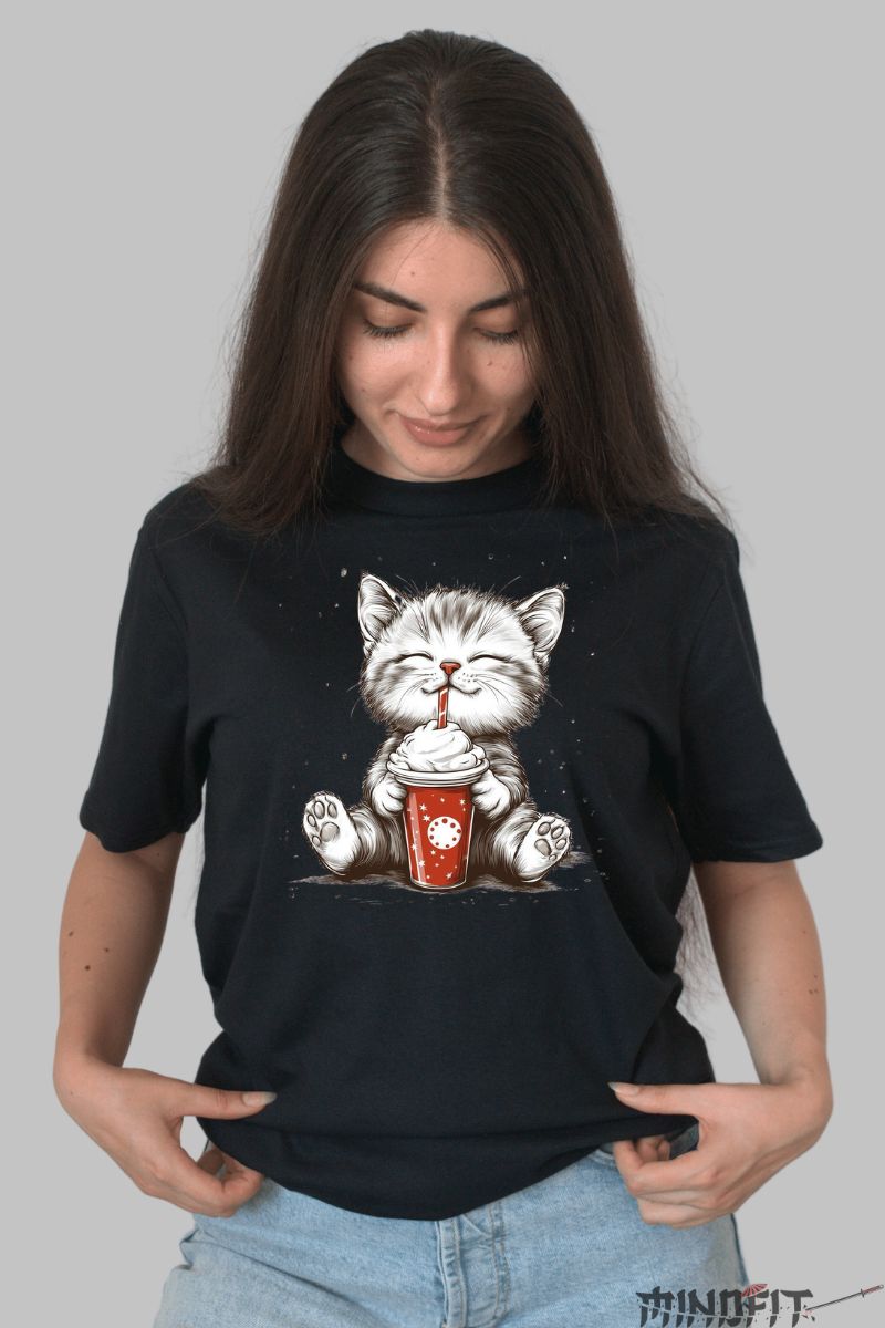 Tricou Imprimeu Pisica Cute dama negru fata