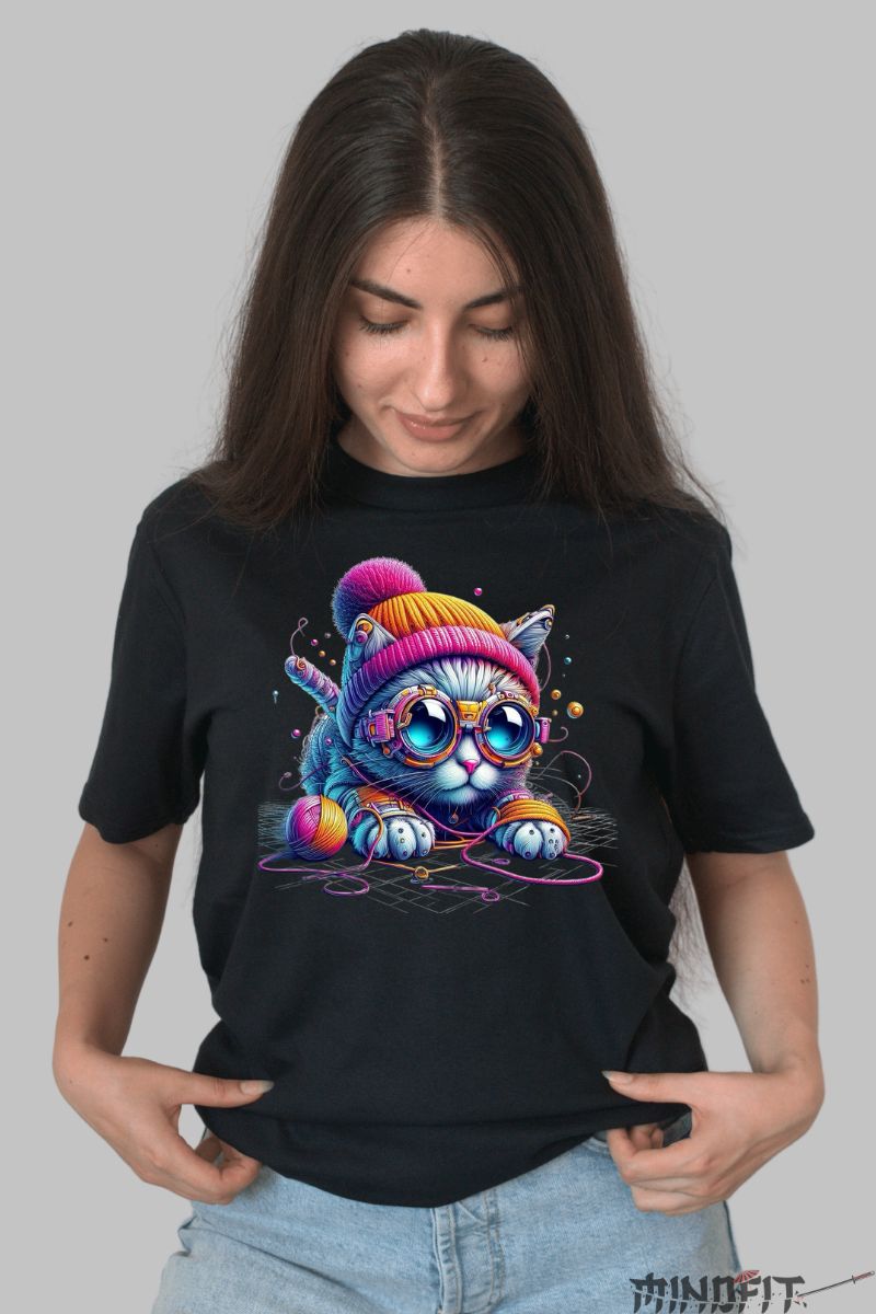 Tricou Imprimeu Pisica Jucausa dama negru fata