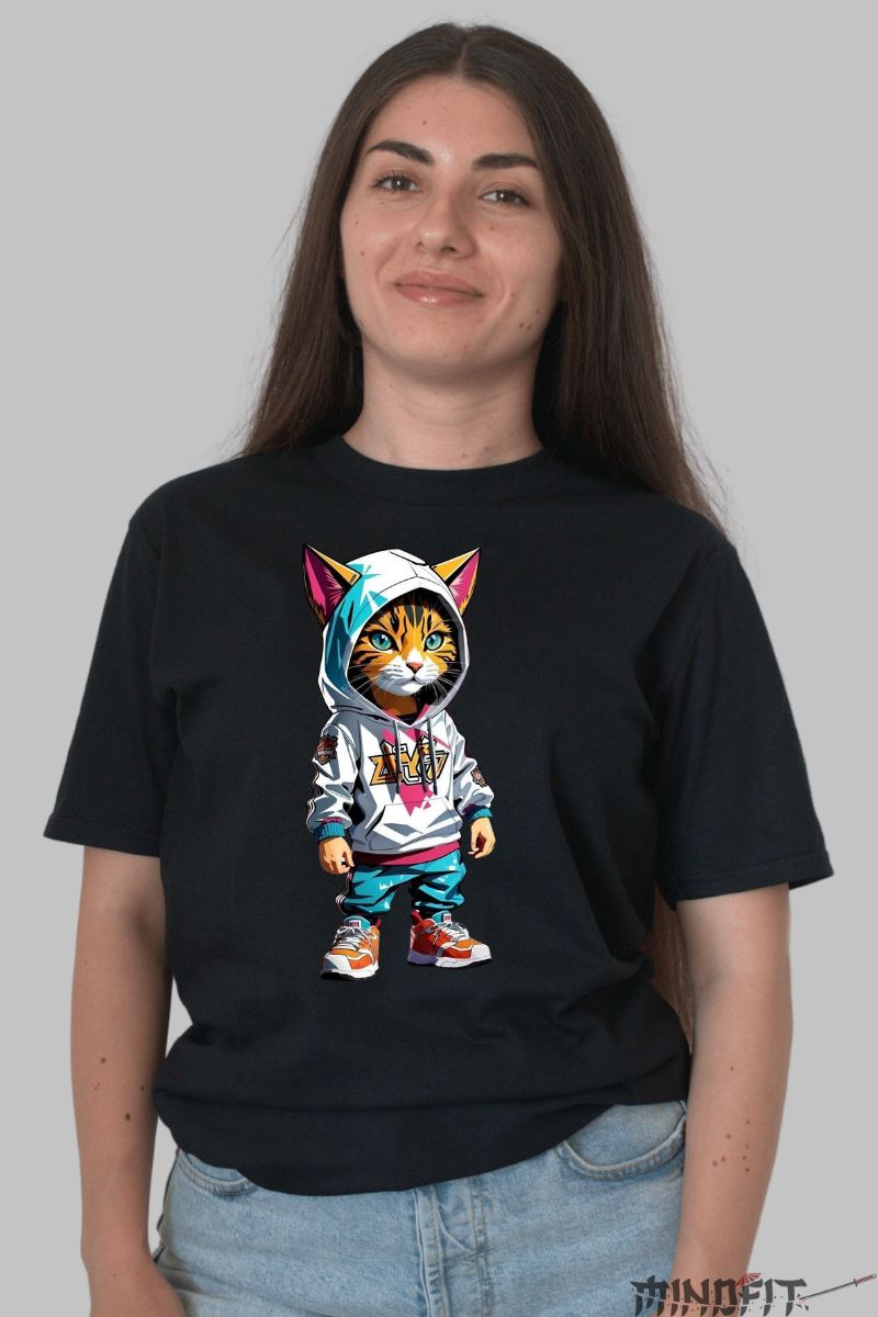 Tricou Imprimeu Pisica Pui Cool dama negru fata