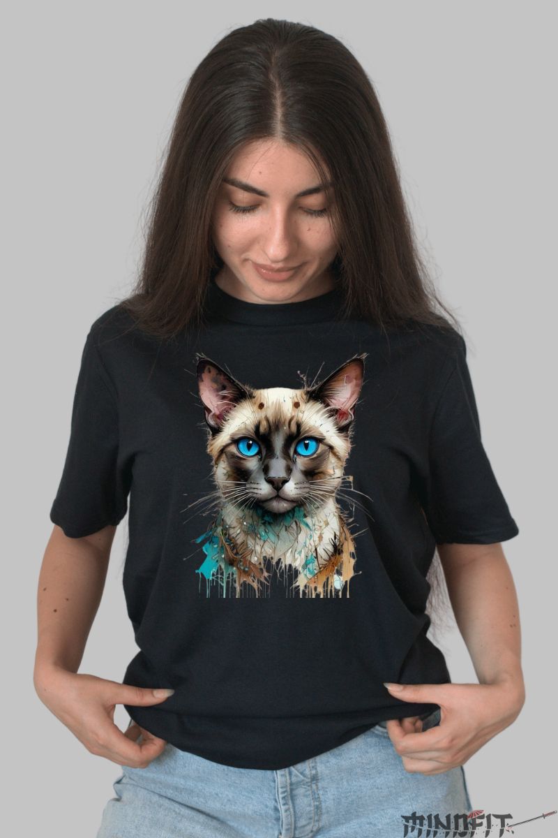 Tricou Imprimeu Pisica Siameza dama negru fata