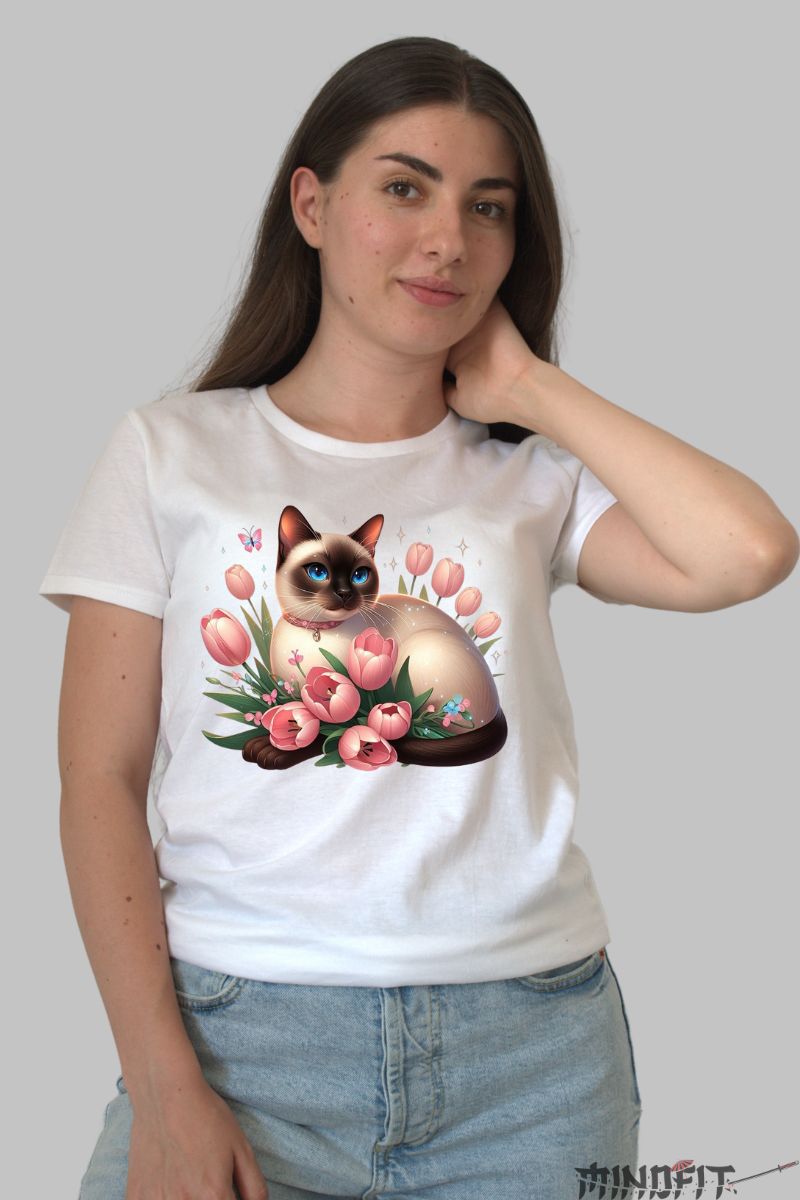 Tricou Imprimeu Pisica Siameza si Lalele dama alb fata