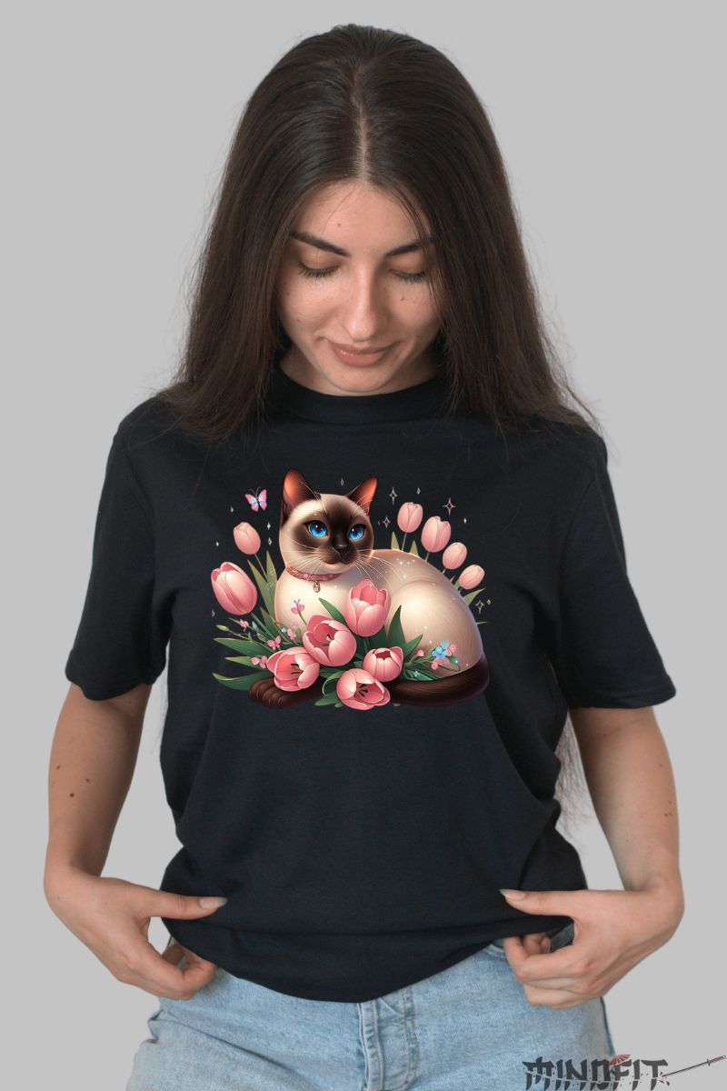 Tricou Imprimeu Pisica Siameza si Lalele dama negru fata
