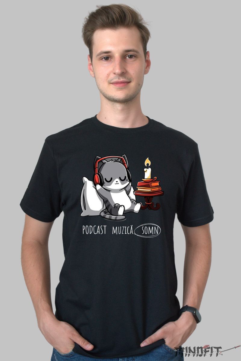 Tricou Imprimeu Pisica Somnoroasa barbat negru fata
