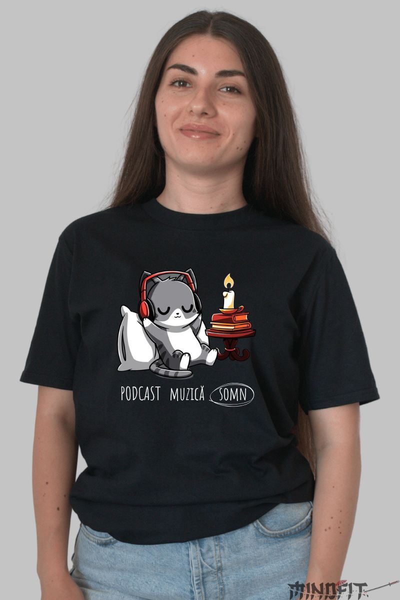 Tricou Imprimeu Pisica Somnoroasa dama negru fata
