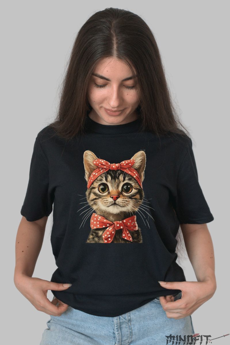 Tricou Imprimeu Pisica Stilata dama negru fata