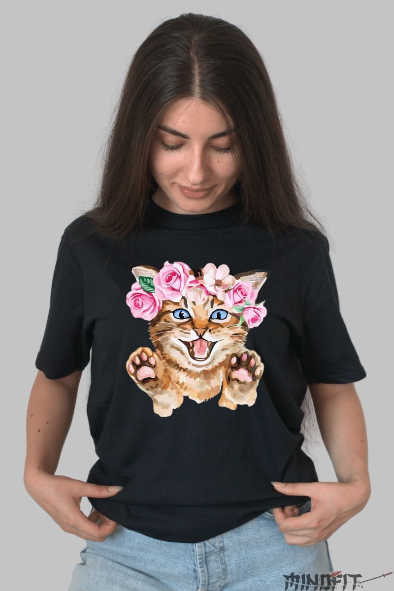 Tricou Imprimeu Pisica cu Coronita dama negru fata
