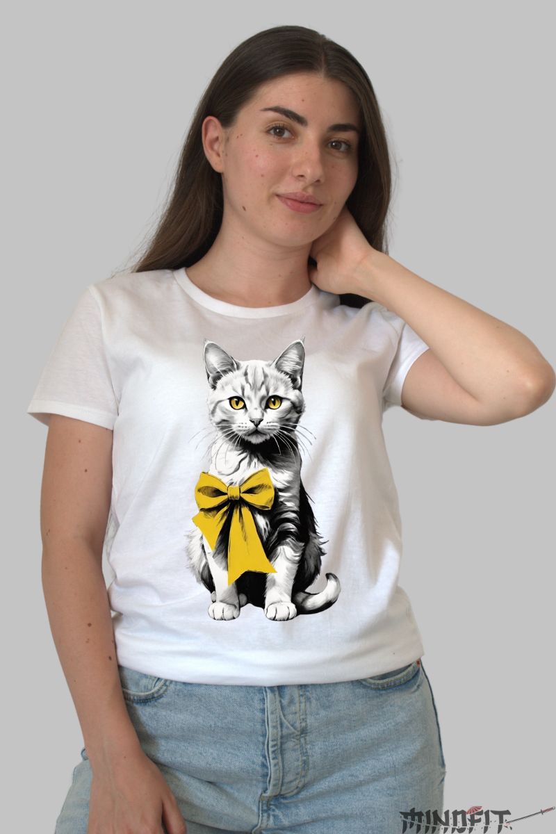 Tricou Imprimeu Pisica cu Fundita dama alb fata