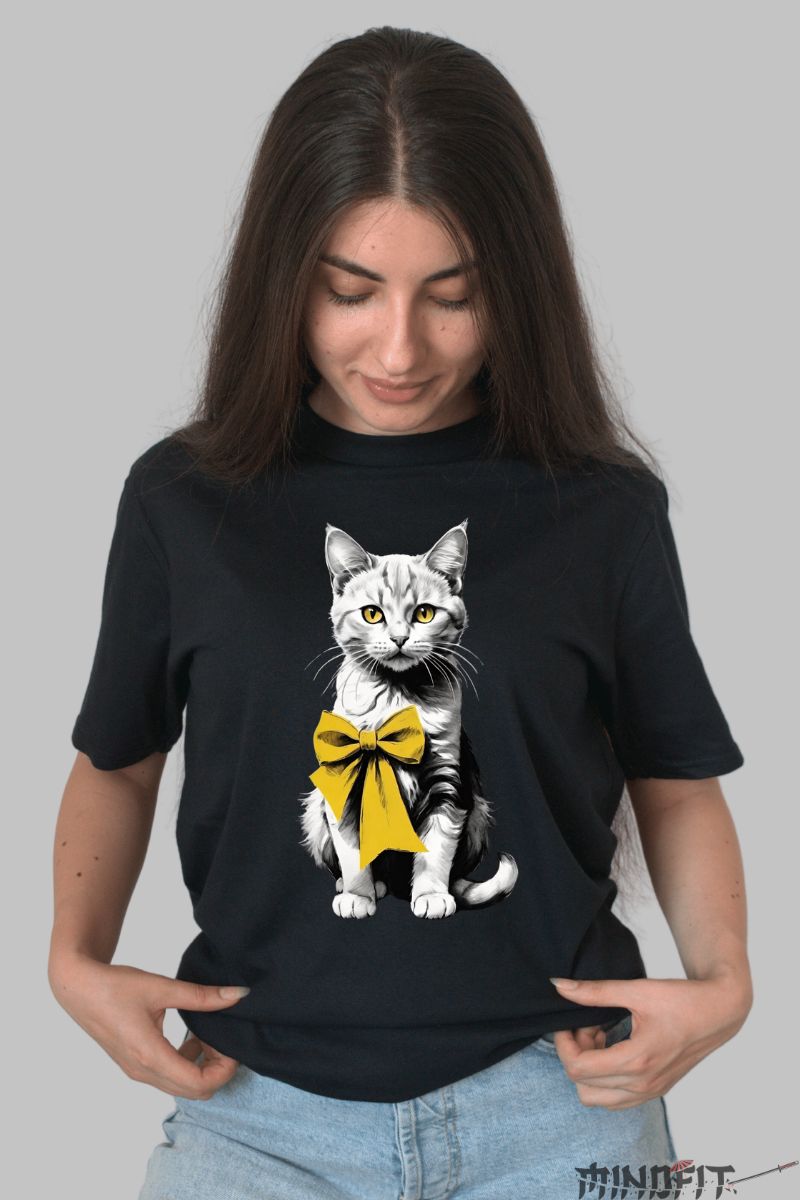 Tricou Imprimeu Pisica cu Fundita dama negru fata
