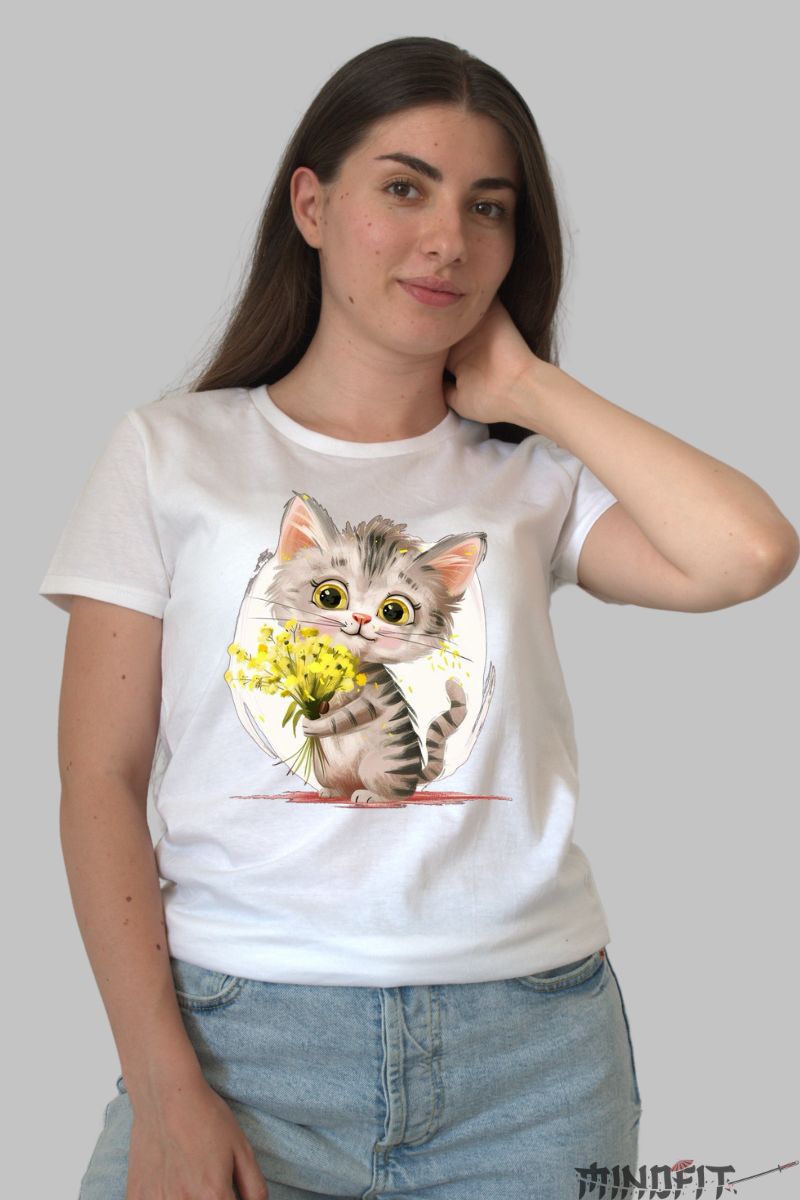 Tricou Imprimeu Pisica si Flori Galbene dama alb fata