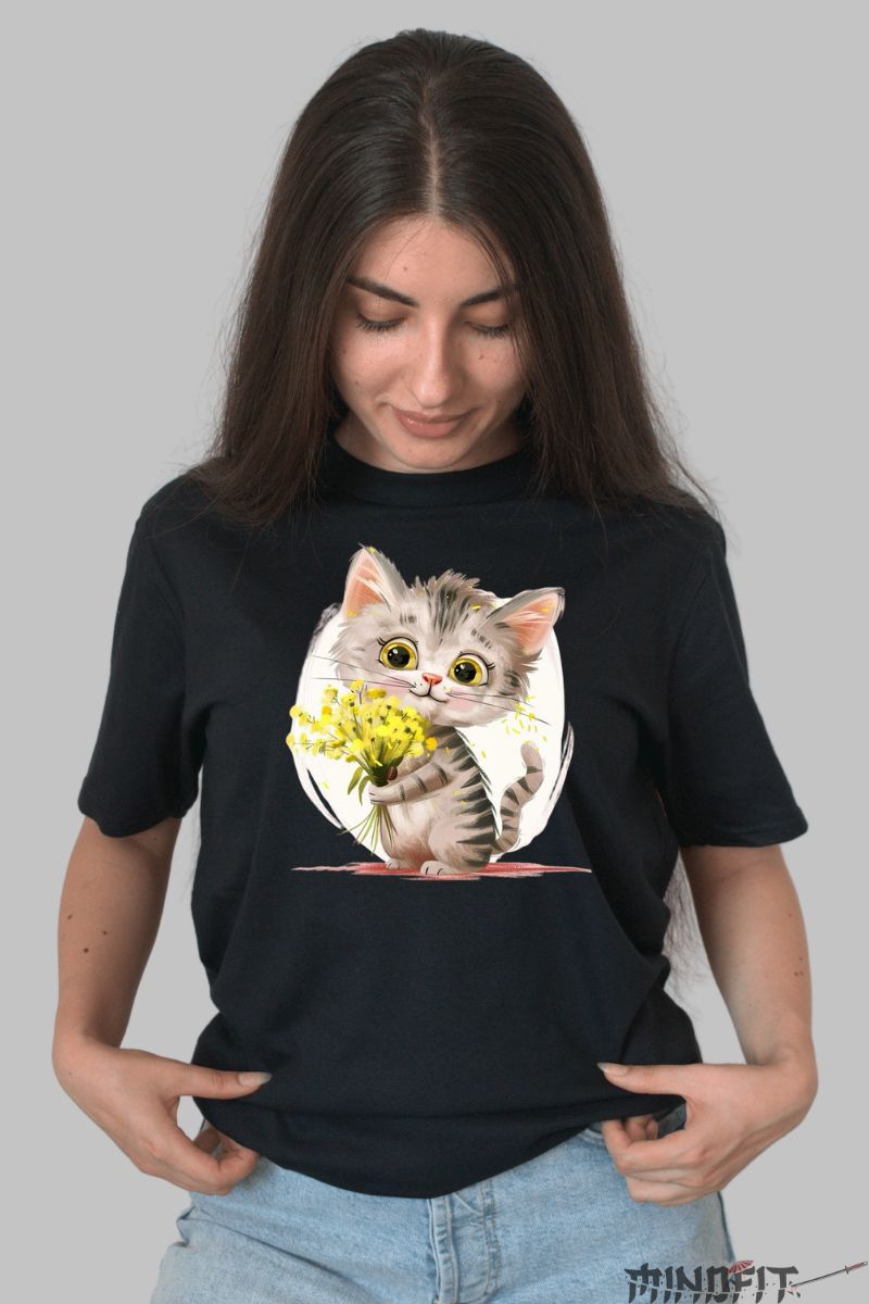 Tricou Imprimeu Pisica si Flori Galbene dama negru fata