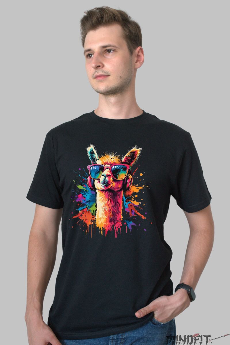 Tricou Lama Multicolora barbat negru fata
