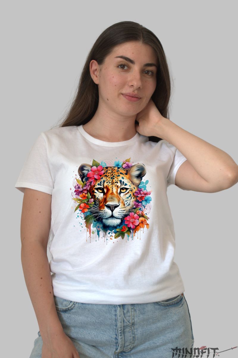 Tricou Leopard si Flori dama alb fata