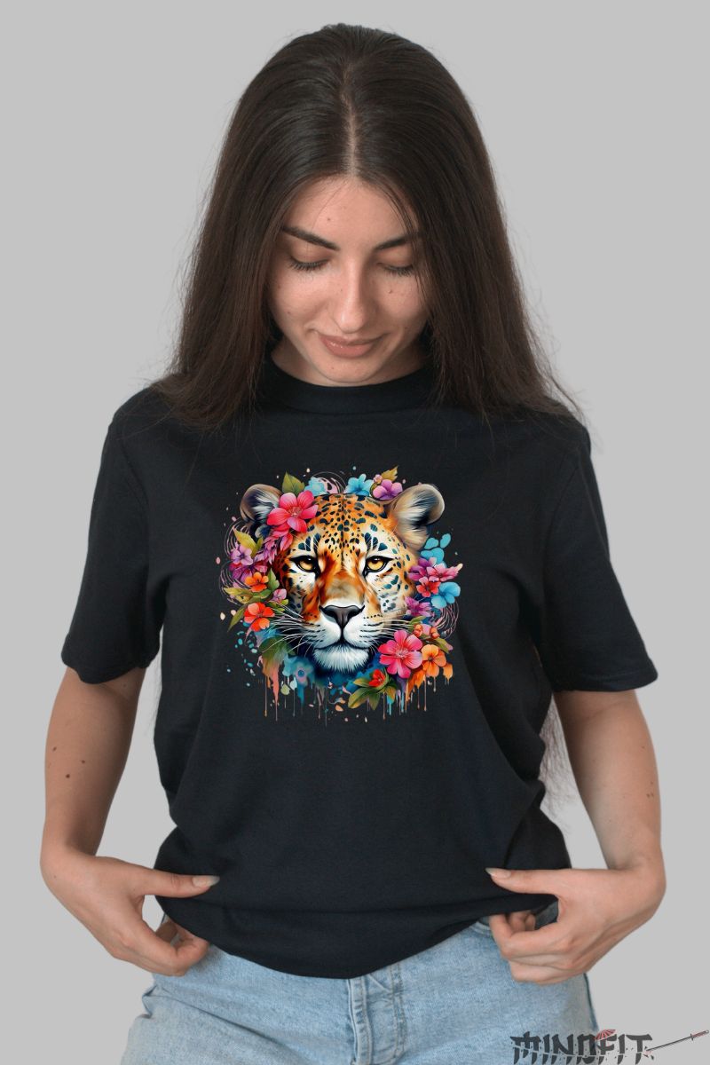 Tricou Leopard si Flori dama negru fata
