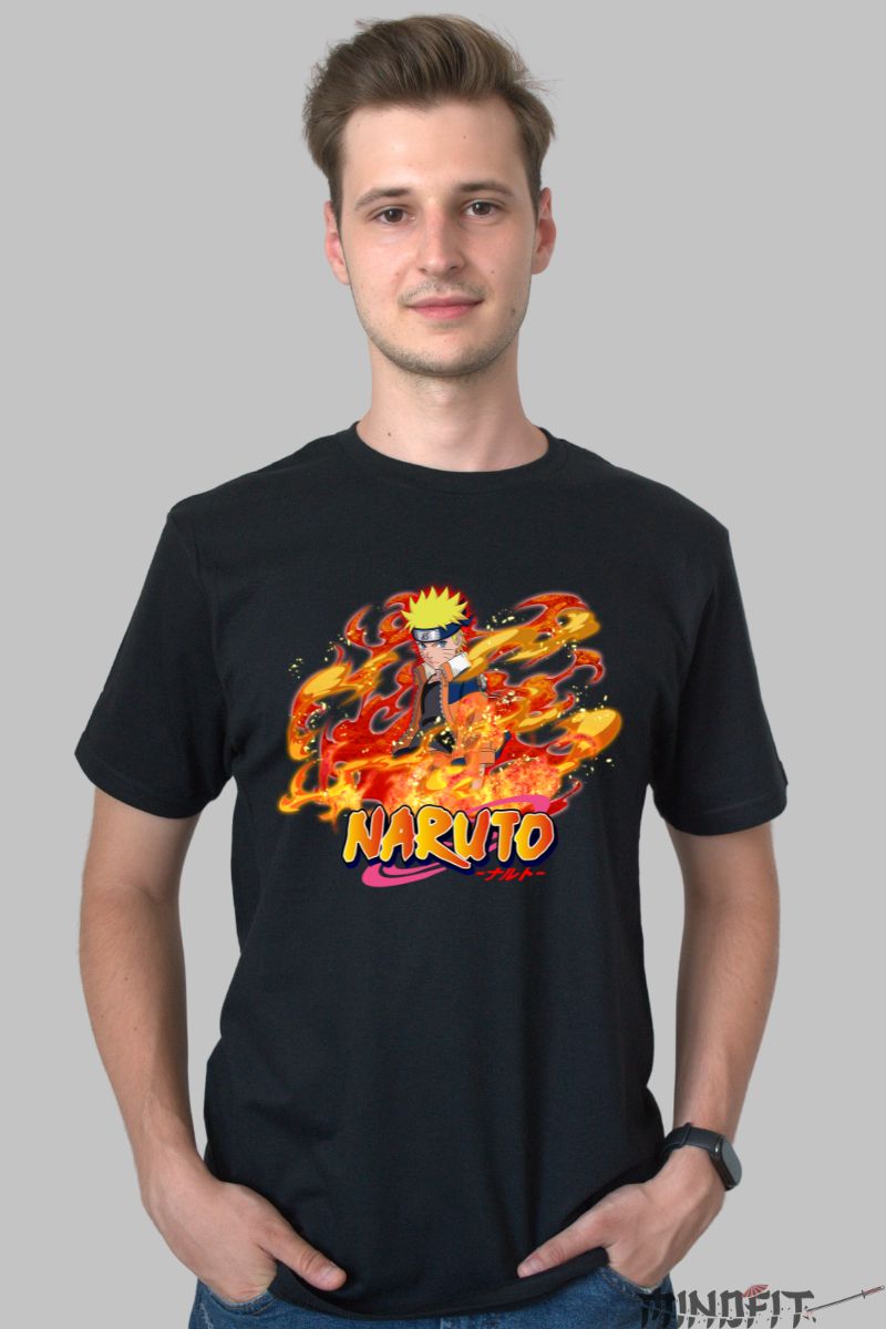 Tricou Naruto Fire barbat negru fata