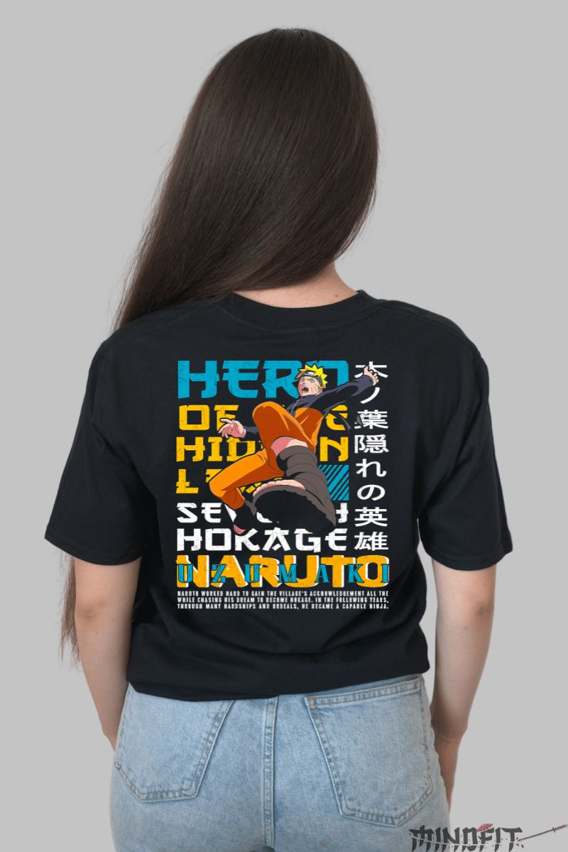 Tricou Naruto Hero of Konoha dama negru spate