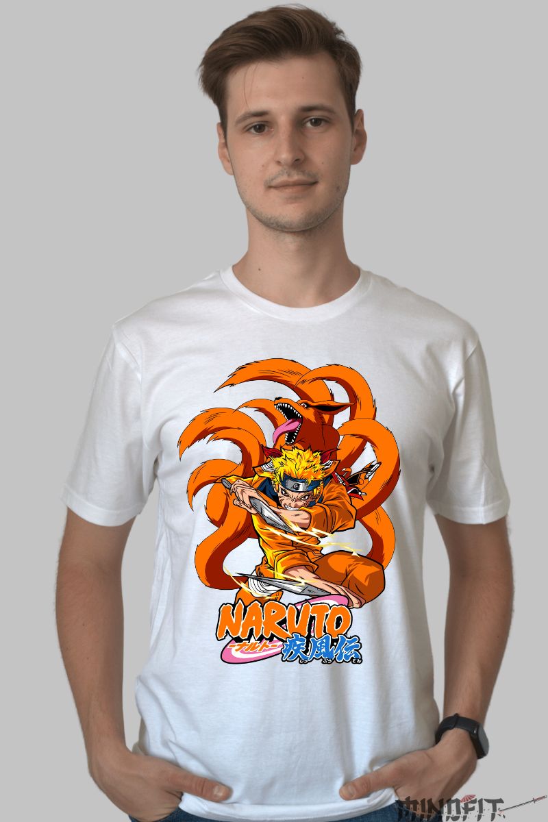Tricou Naruto Nine-Tailed Beast barbat alb fata