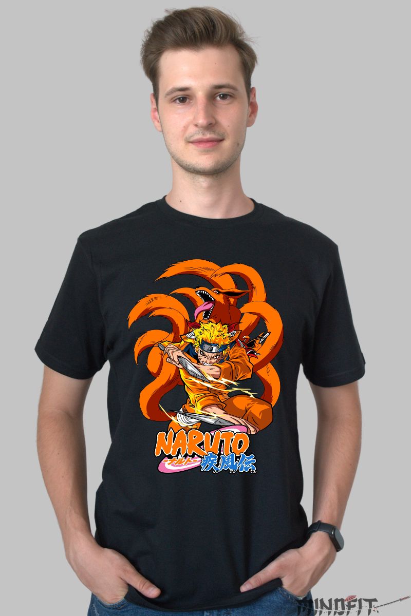 Tricou Naruto Nine-Tailed Beast barbat negru fata