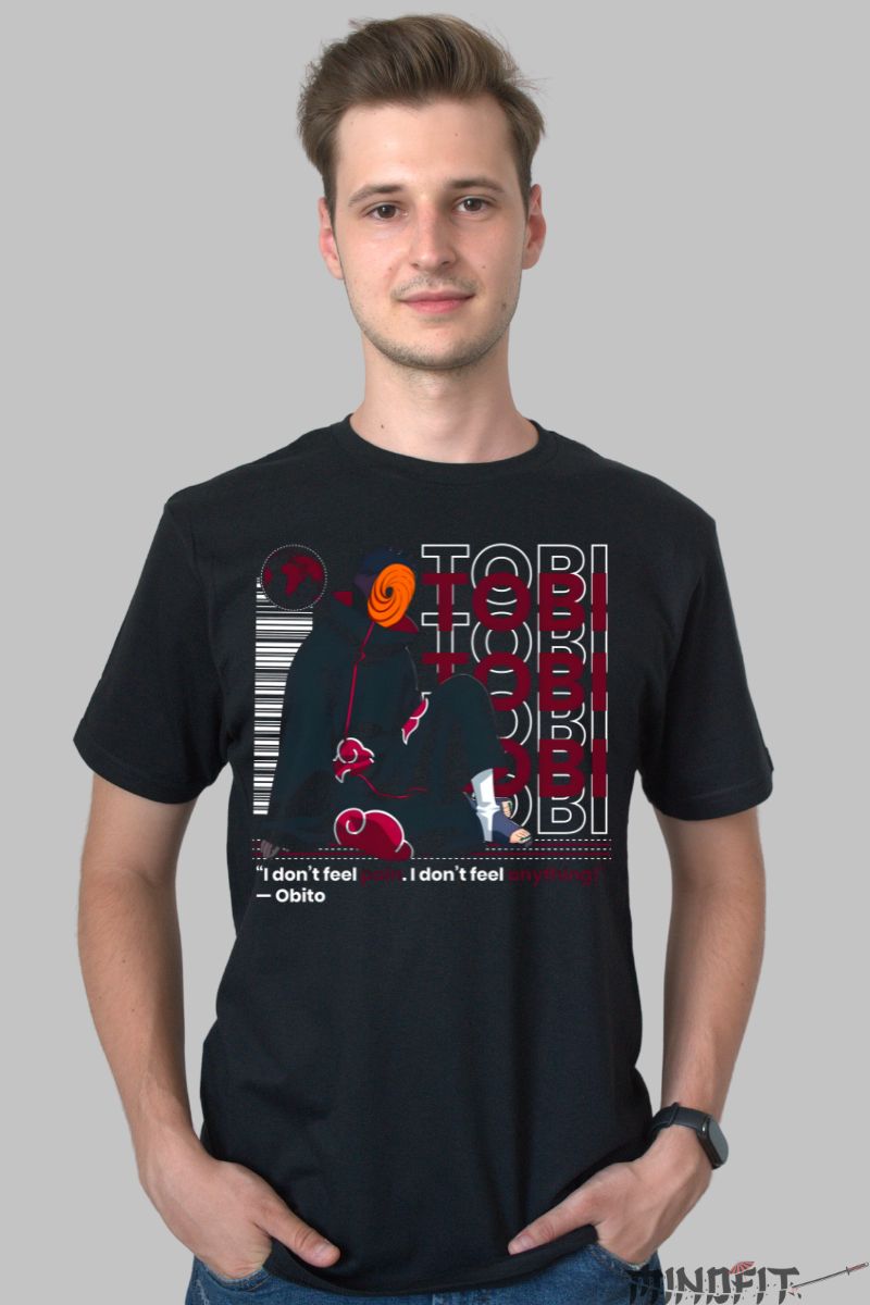 Tricou Naruto Obito "I don't feel pain" barbat negru fata