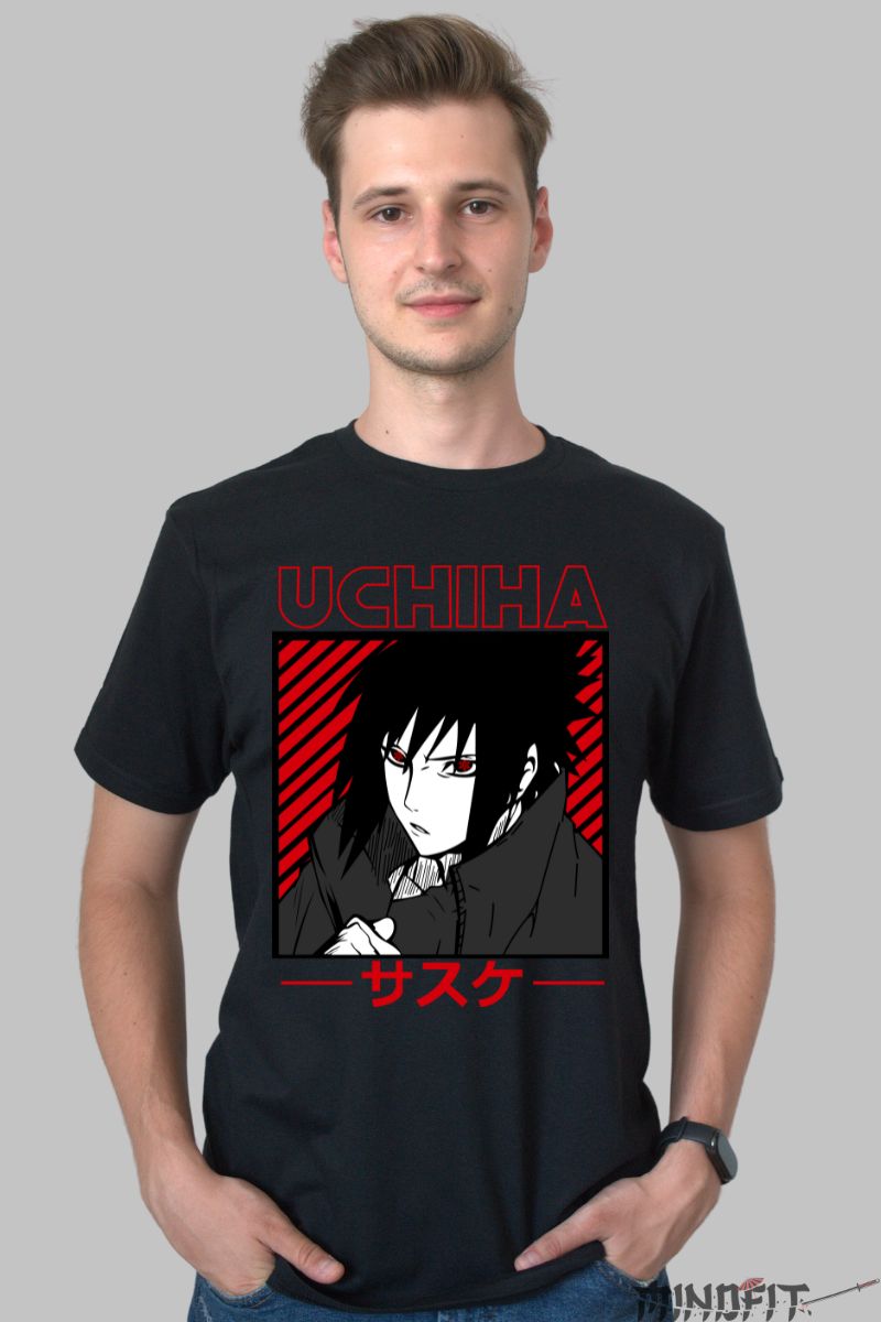 Tricou Naruto Sasuke Clan Strength barbat negru fata