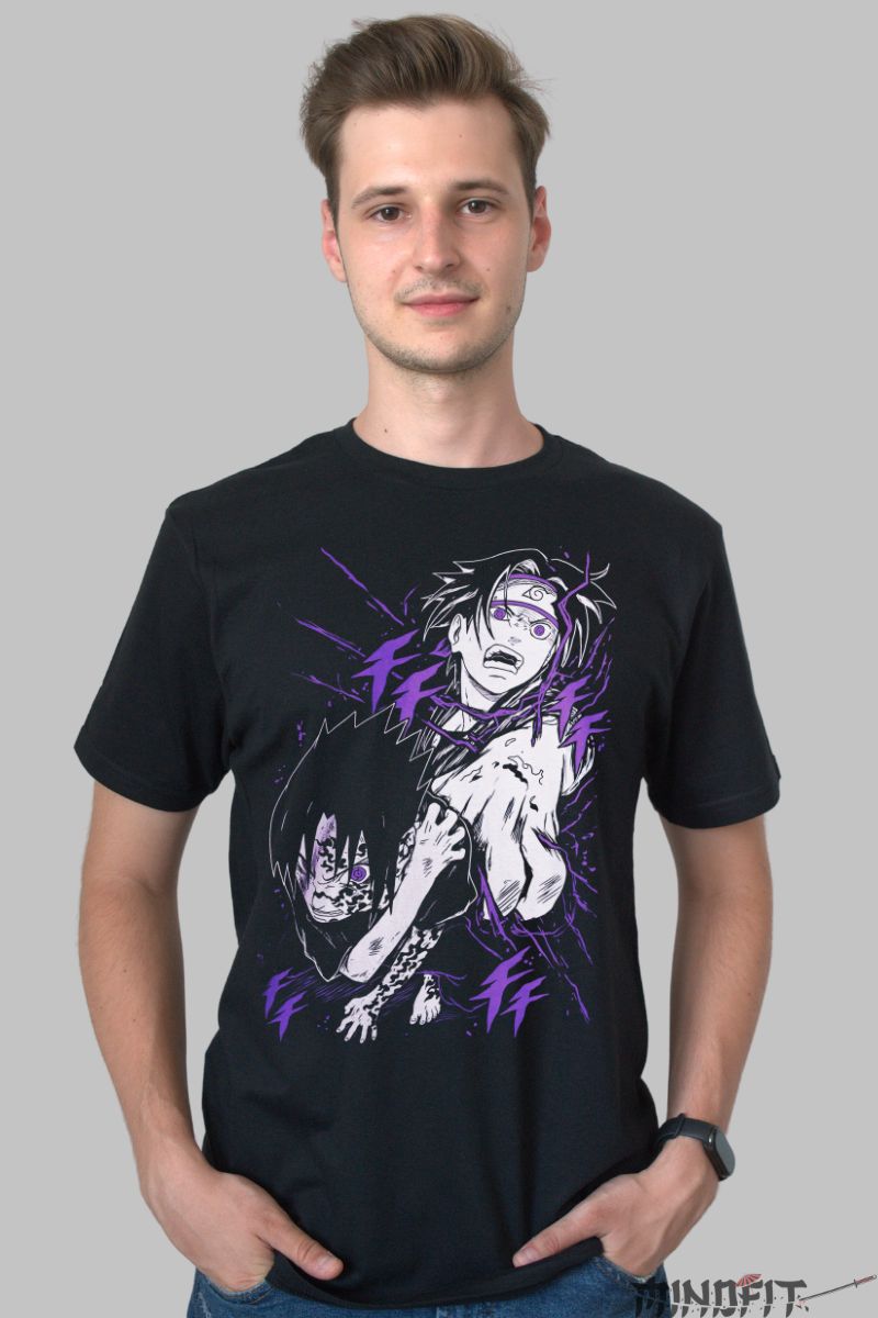 Tricou Naruto Sasuke Seal barbat negru fata