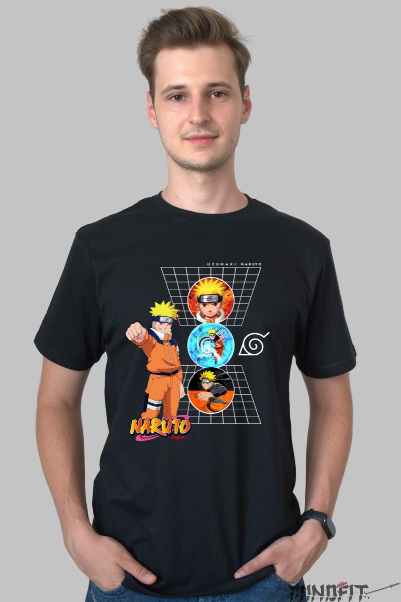 Tricou Naruto Uzumaki Retro Grid barbat negru fata