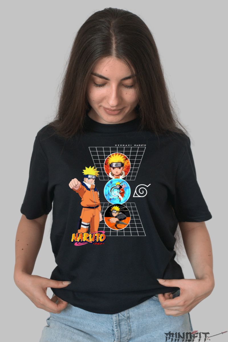 Tricou Naruto Uzumaki Retro Grid dama negru fata