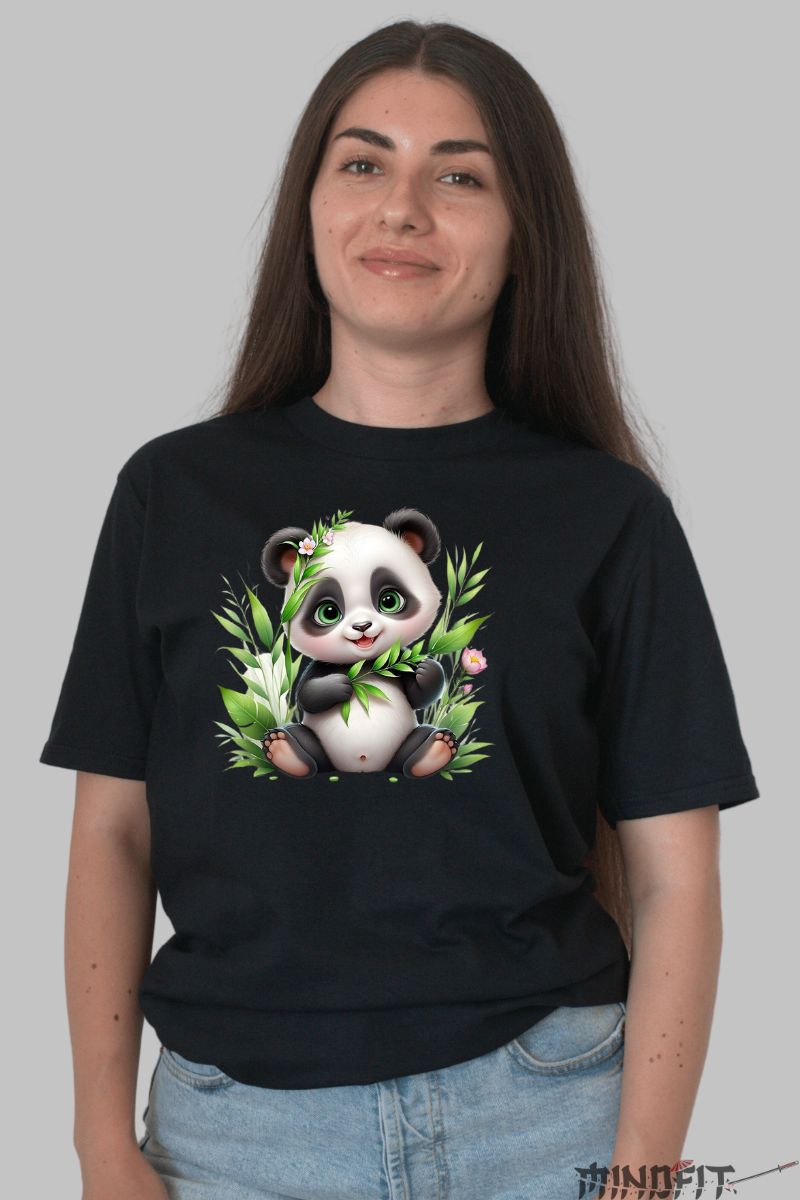 Tricou Panda Simpatic dama negru fata