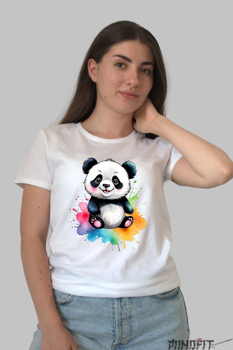 Tricou Panda si Pete de Culoare dama alb fata