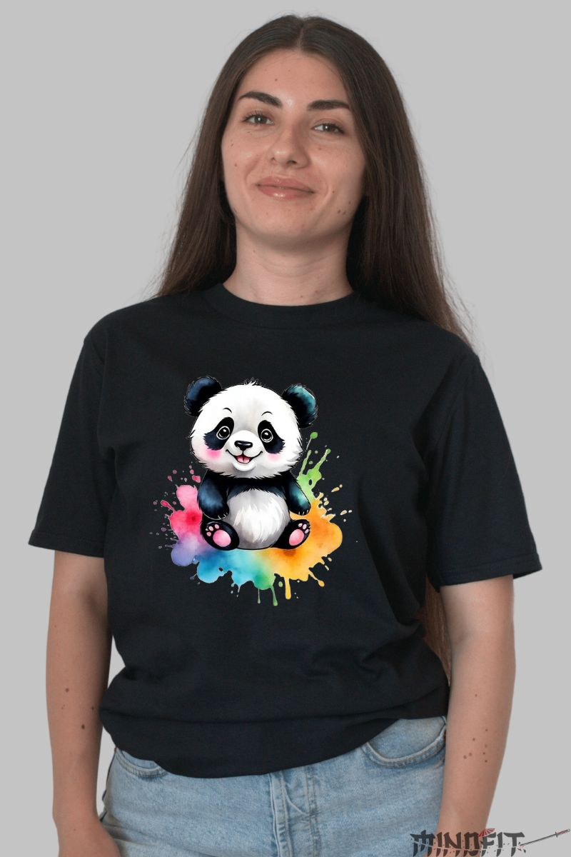 Tricou Panda si Pete de Culoare dama negru fata