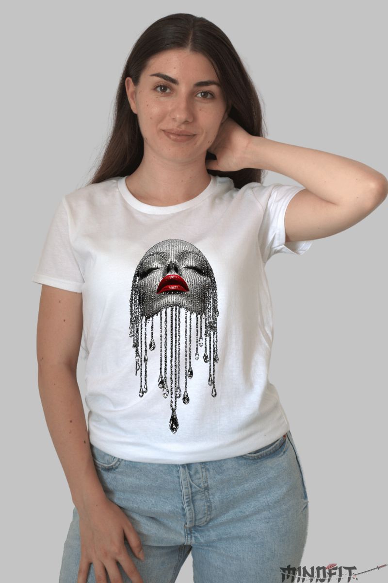 Tricou Personalizat Fata cu Cristale dama alb fata