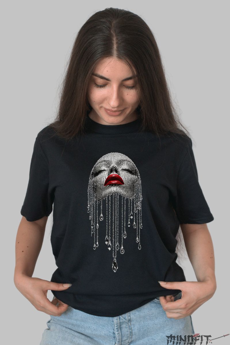 Tricou Personalizat Fata cu Cristale dama negru fata