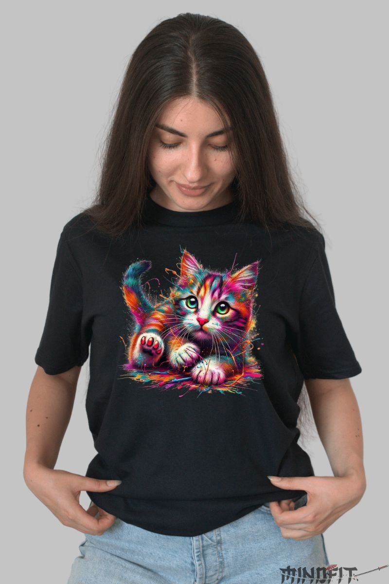 Tricou Personalizat cu Pisica Colorata dama negru fata