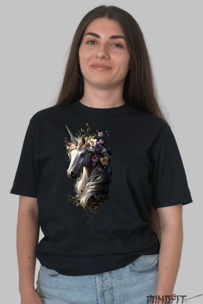 Tricou Personalizat cu Unicorn Gotic dama negru fata