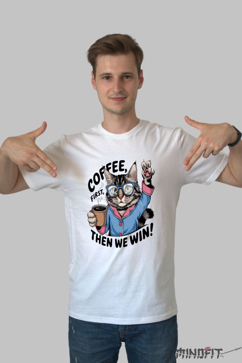 Tricou Pisica "Coffee Power" barbat alb fata